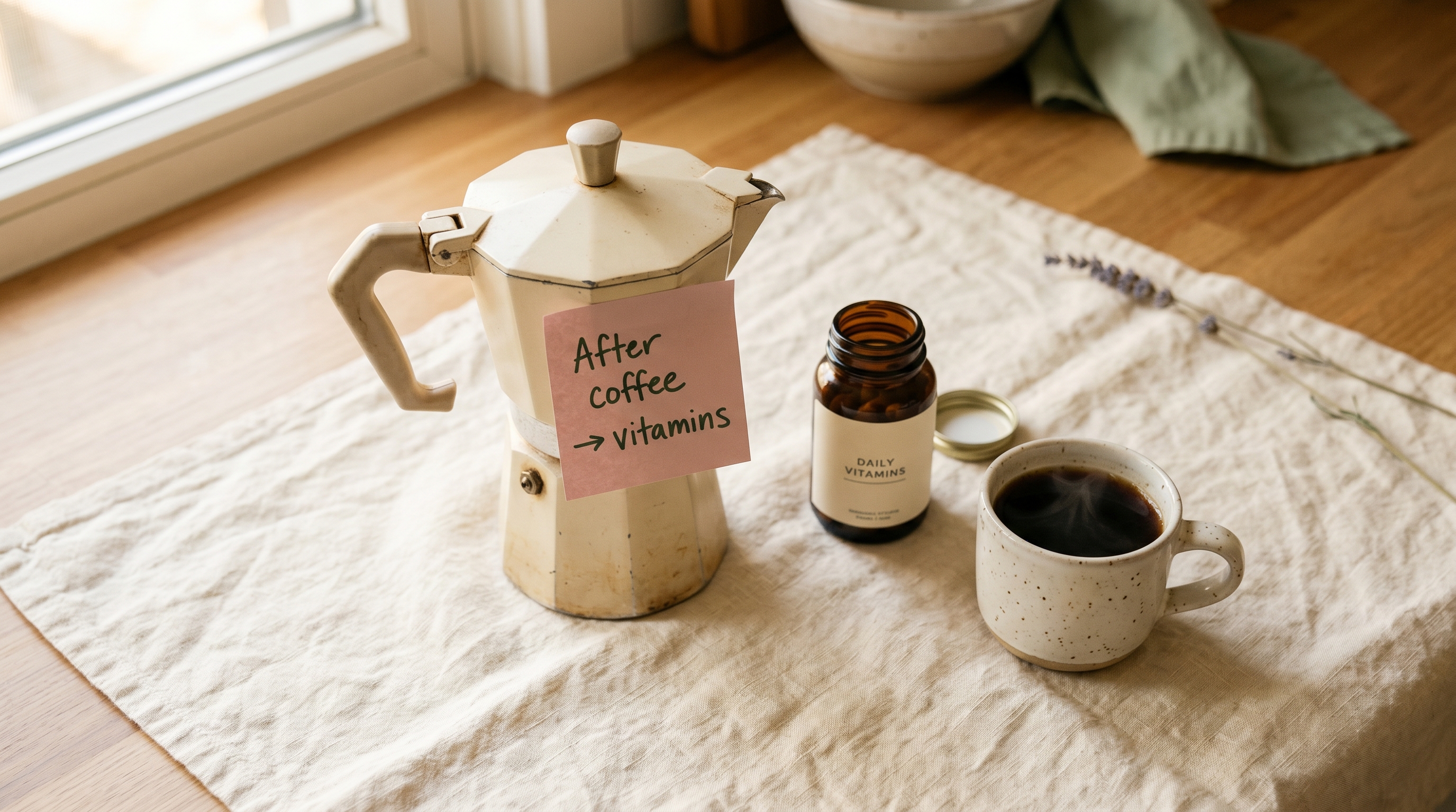 A vintage cream coffee maker on warm linen with a dusty-pink sticky note reading "After coffee → vitamins" pressed to its side, an amber vitamin bottle and a mug of black coffee beside it — a visual example of the habit-stacking method from the blog post.