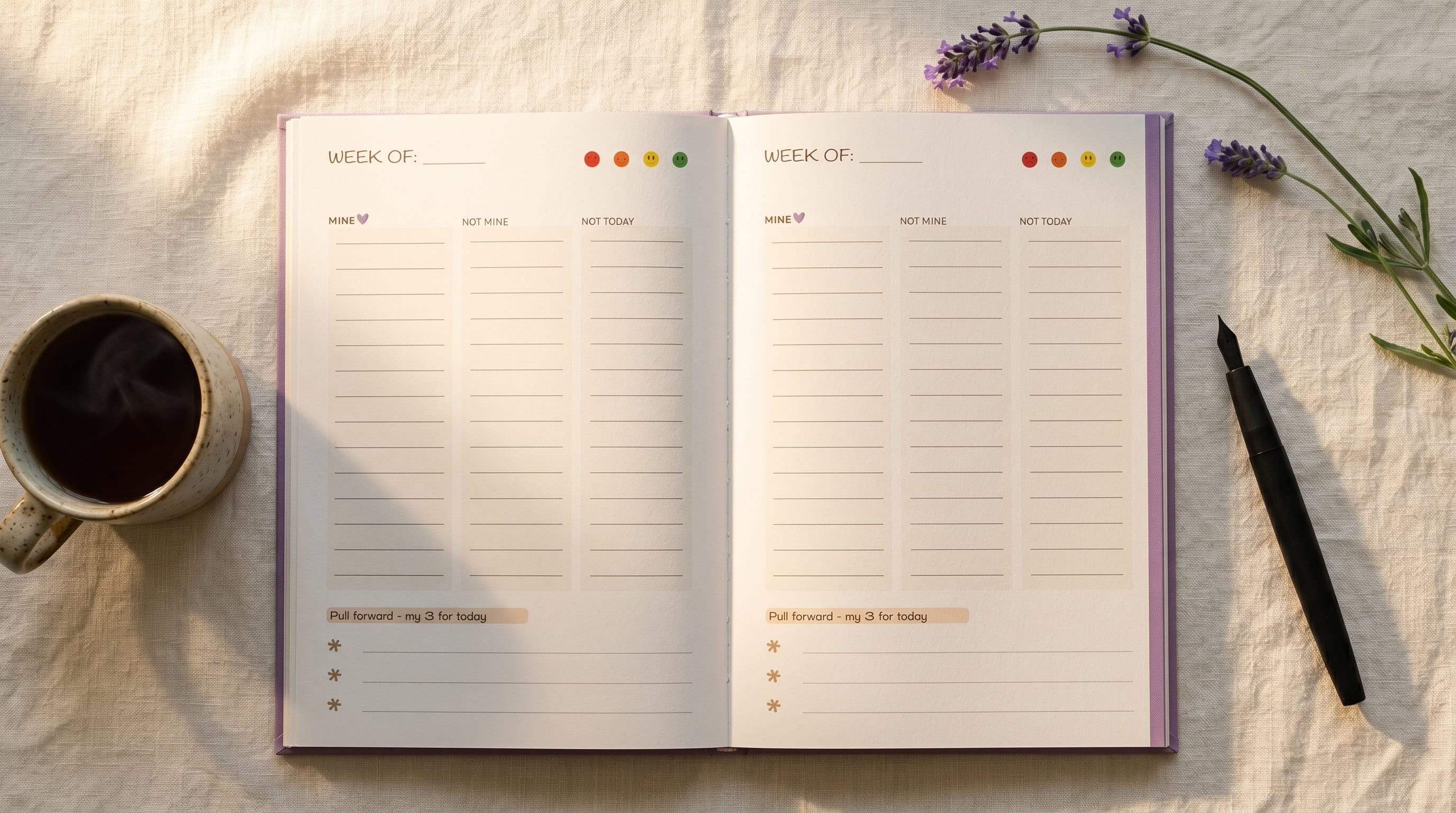 Open weekly planner notebook with blank pages, pen, coffee, and lavender on a beige fabric surface.