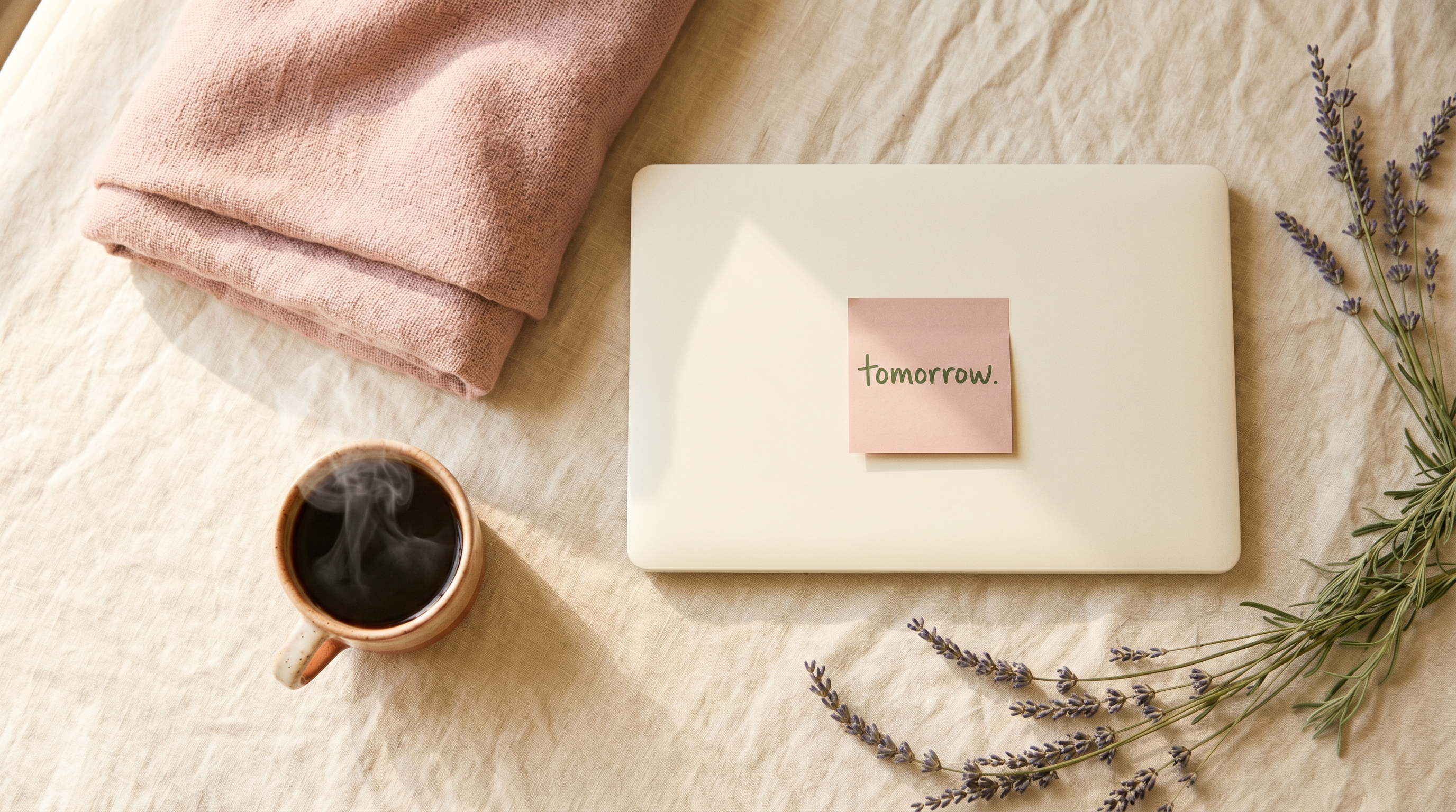 A still-life on warm cream linen showing a steaming ceramic mug, a folded dusty-pink throw blanket, and a closed laptop with a sticky note reading "tomorrow." in handwritten green ink — the visible "subtract" before the doing, illustrating the second tool from the ADHD overwhelm blog.