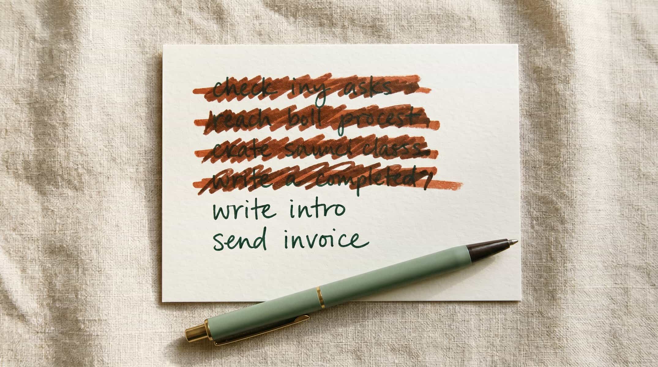 Handwritten notes on paper with a pen, representing creative writing and business communication.