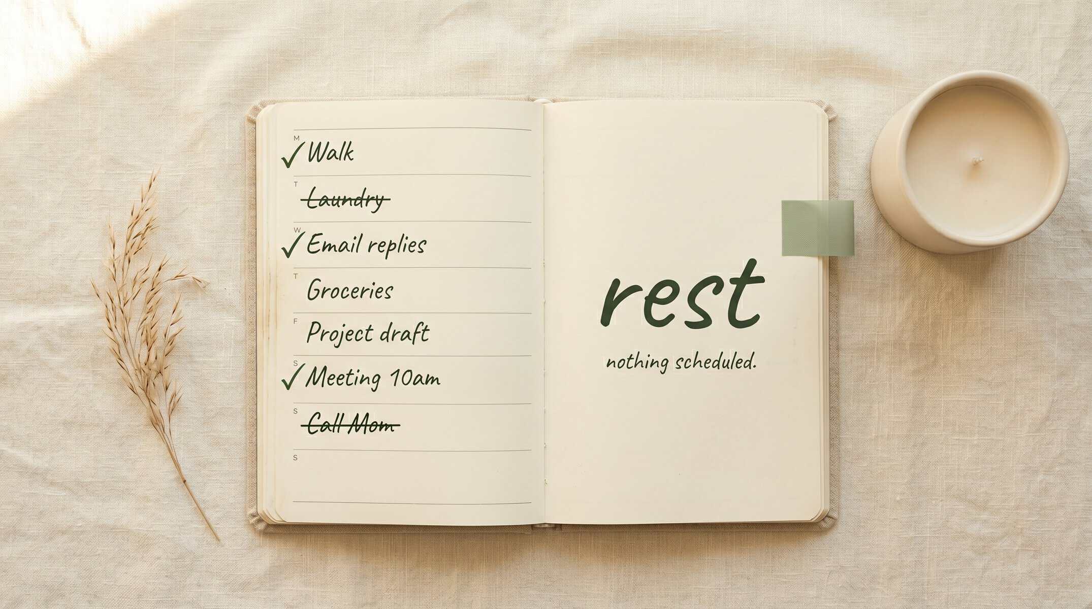 Relaxing workspace with a notebook, candle, and calming decor for stress relief and focus.