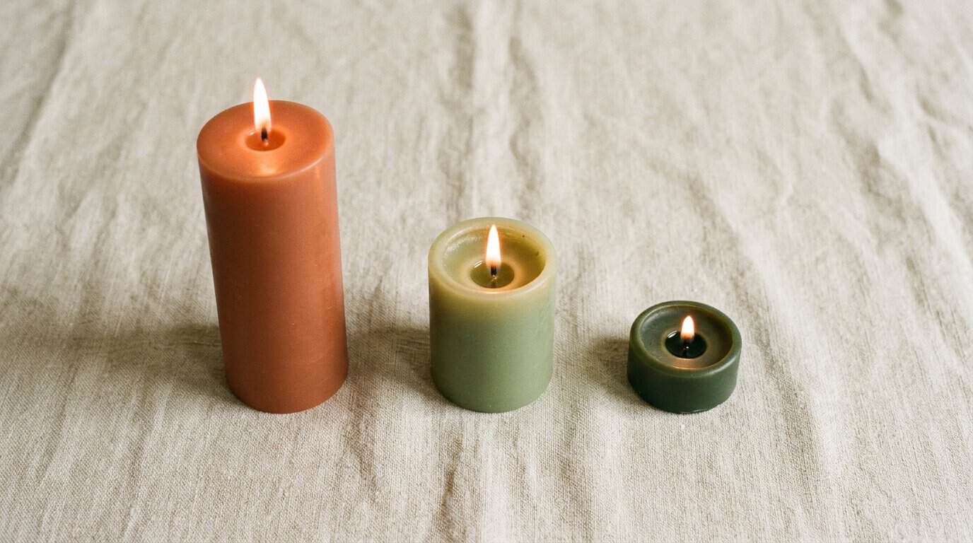 Trio of lit candles in earthy tones on textured fabric background.