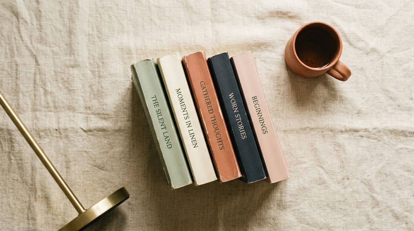 A warm oatmeal linen surface with five paperback ADHD books stacked in a soft horizontal row — muted spines in sage, cream, terracotta, charcoal and dusty rose — one terracotta mug of tea at the upper-right edge, soft morning side-light from a small brass reading lamp at the lower-left. The lived-in reading corner where five ADHD books earned their permanent spot on the shelf next to the desk.