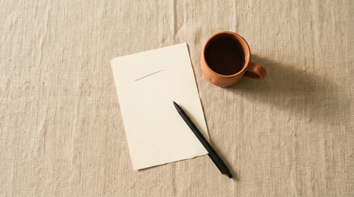 A warm oatmeal linen surface with a half-full handmade terracotta ceramic mug going cold at the centre, a single blank cream sheet of paper beside it with one short pencil mark, and soft mid-week afternoon light casting long shadows. The quiet Wednesday-at-2pm moment where the ADHD Wednesday brain has to choose between pushing through and pausing.