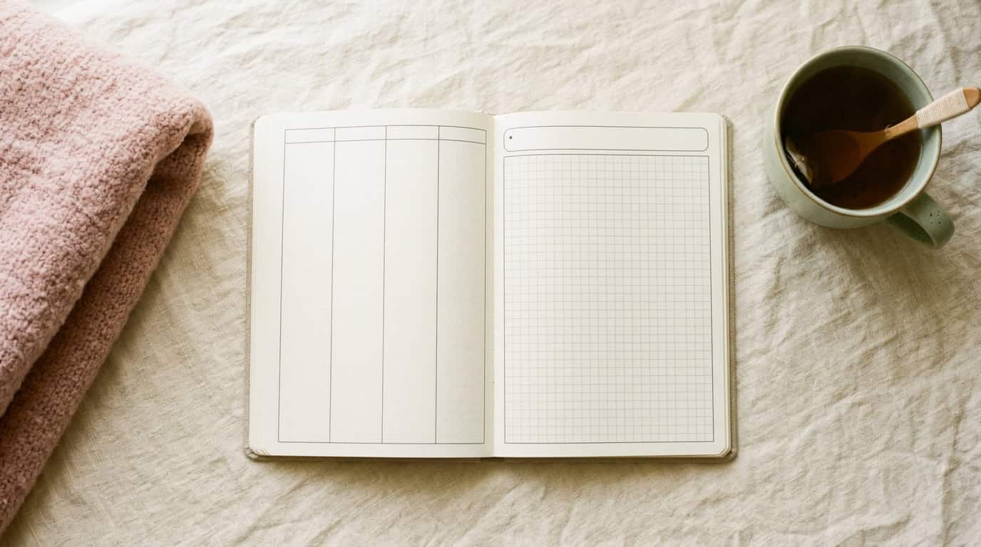 Open undated ADHD planner spread with a blank weekly page, tea, and a soft blanket — a protected rest day.