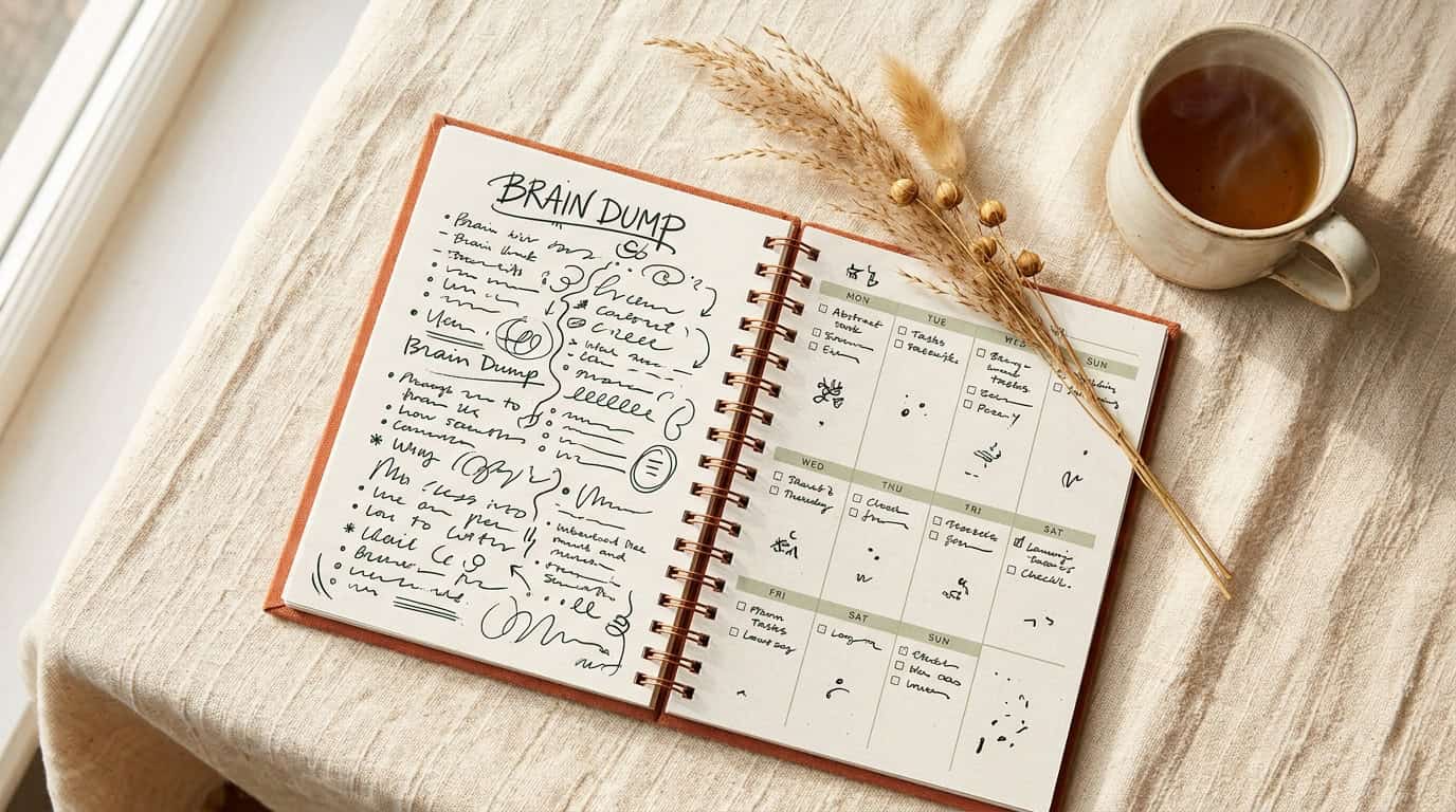 A warm cream linen flatlay with an open undated planner showing a brain-dump page and a weekly grid, both visibly filled in — a running mental list finally moved out of someone's head and onto paper. A vintage cream mug sits to the upper right, a small sprig of dried grass rests across the top corner. Soft natural light, no people or devices in frame. The moment the invisible load becomes visible.